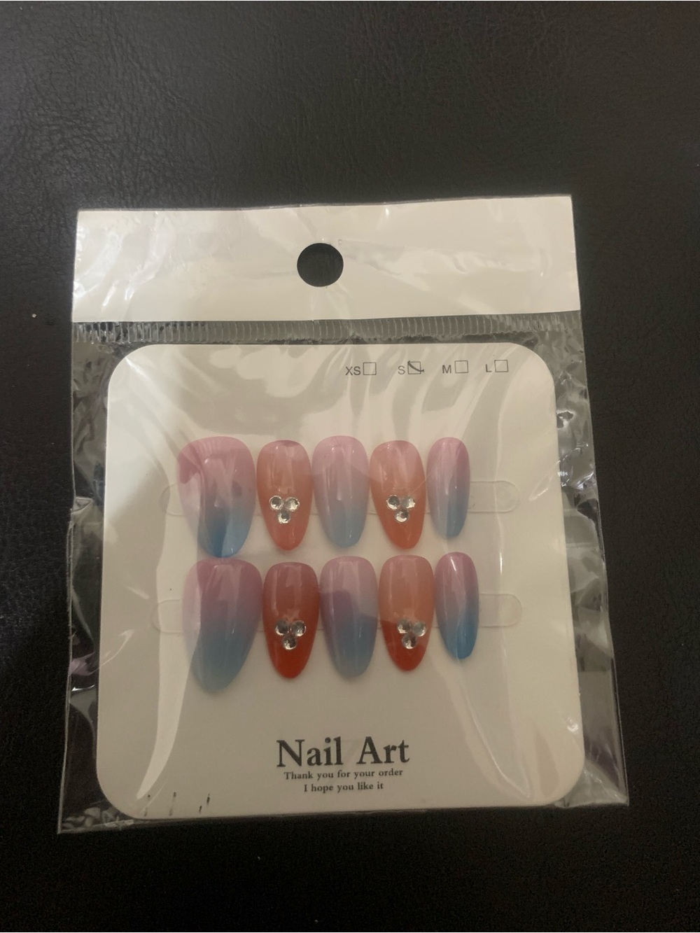 Gradient Press-On Nails with Crystal Accent - Pink Blue